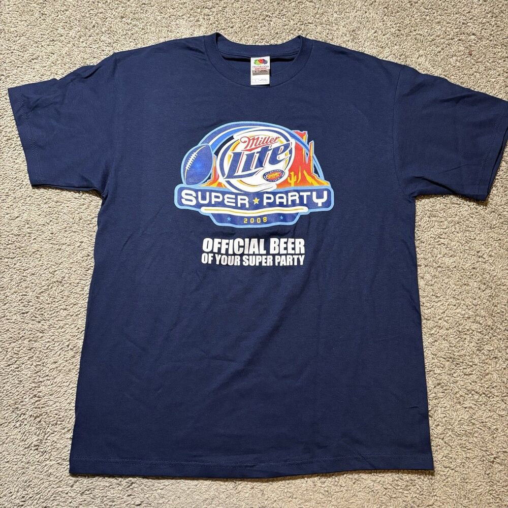 Miller Lite Super Bowl 2008 Navy Blue Graphic T-Shirt Mens XL Fruit Of The Loom